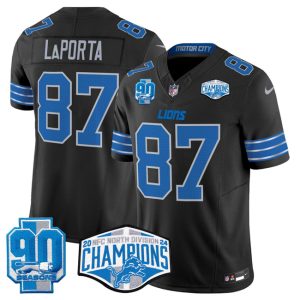 Men's Detroit Lions #87 Sam LaPorta Black 2024 NFC North Champions 90th Anniversary Patch  Jersey