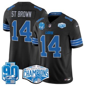 Men's Detroit Lions #14 Amon-Ra St. Brown Black 2024 NFC North Champions 90th Anniversary Patch  Jersey