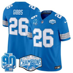 Men's Detroit Lions #26 Jahmyr Gibbs Blue 2024 NFC North Champions 90th Anniversary Patch  Jersey