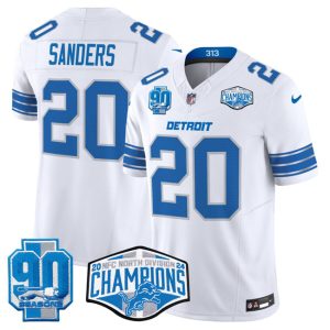 Men's Detroit Lions #20 Barry Sanders White 2024 NFC North Champions 90th Anniversary Patch  Jersey