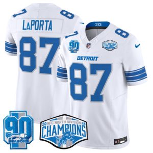 Men's Detroit Lions #87 Sam LaPorta White 2024 NFC North Champions 90th Anniversary Patch  Jersey