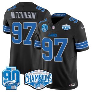 Men's Detroit Lions #97 Aidan Hutchinson Black 2024 NFC North Champions 90th Anniversary Patch  Jersey