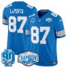 Men's Detroit Lions #87 Sam LaPorta Blue 2024 NFC North Champions 90th Anniversary Patch  Jersey