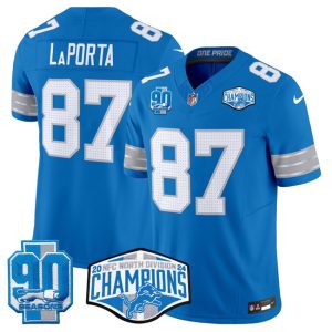 Men's Detroit Lions #87 Sam LaPorta Blue 2024 NFC North Champions 90th Anniversary Patch  Jersey