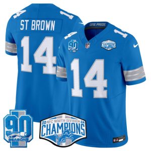 Men's Detroit Lions #14 Amon-Ra St. Brown Blue 2024 NFC North Champions 90th Anniversary Patch  Jersey