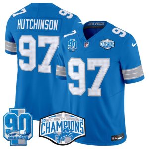 Men's Detroit Lions #97 Aidan Hutchinson Blue 2024 NFC North Champions 90th Anniversary Patch  Jersey