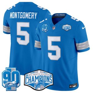 Men's Detroit Lions #5 David Montgomery Blue 2024 NFC North Champions 90th Anniversary Patch  Jersey
