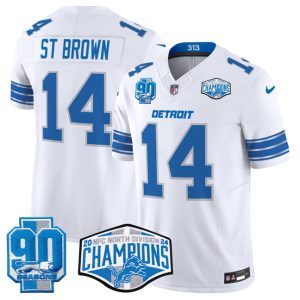 Men's Detroit Lions #14 Amon-Ra St. Brown White 2024 NFC North Champions 90th Anniversary Patch  Jersey