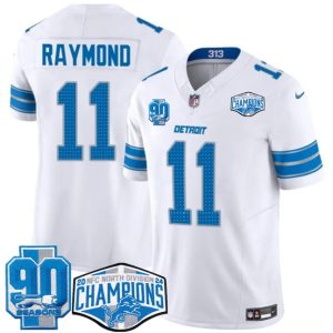 Men's Detroit Lions #11 Kalif Raymond White 2024 NFC North Champions 90th Anniversary Patch  Jersey