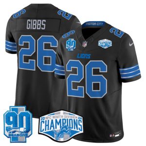 Men's Detroit Lions #26 Jahmyr Gibbs Black 2024 NFC North Champions 90th Anniversary Patch  Jersey
