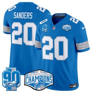 Men's Detroit Lions #20 Barry Sanders Blue 2024 NFC North Champions 90th Anniversary Patch  Jersey