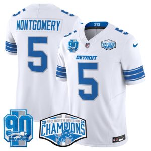 Men's Detroit Lions #5 David Montgomery White 2024 NFC North Champions 90th Anniversary Patch  Jersey
