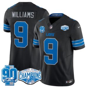 Men's Detroit Lions #9 Jameson Williams Black 2024 NFC North Champions 90th Anniversary Patch  Jersey