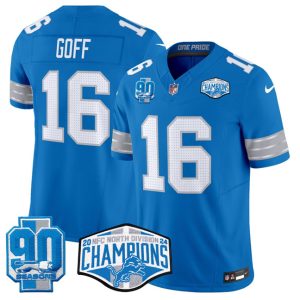 Men's Detroit Lions #16 Jared Goff Blue 2024 NFC North Champions 90th Anniversary Patch  Jersey