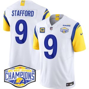 Men's Los Angeles Rams #9 Matthew Stafford White 2024 NFC West Champions With 4-Star C Patch F.U.S.E.  Jersey