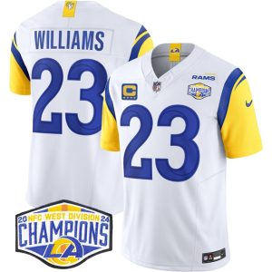 Men's Los Angeles Rams #23 Kyren Williams White 2024 NFC West Champions With 4-Star C Patch F.U.S.E.  Jersey