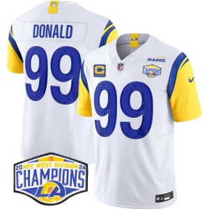 Men's Los Angeles Rams #99 Aaron Donald White 2024 NFC West Champions With 4-Star C Patch F.U.S.E.  Jersey