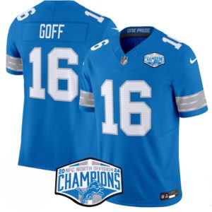 Men's Detroit Lions #16 Jared Goff Blue 2024 NFC North Champions  Jersey