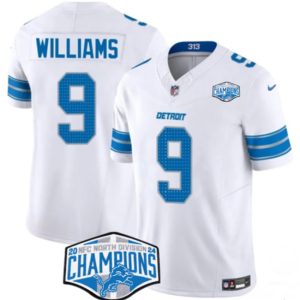 Men's Detroit Lions #9 Jameson Williams White 2024 NFC North Champions  Jersey