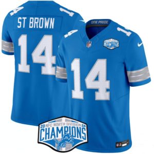 Men's Detroit Lions #14 Amon-Ra St. Brown Blue 2024 NFC North Champions  Jersey
