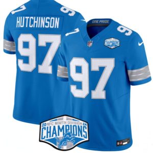 Men's Detroit Lions #97 Aidan Hutchinson Blue 2024 NFC North Champions  Jersey