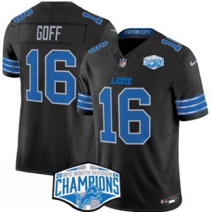 Men's Detroit Lions #16 Jared Goff Black 2024 NFC North Champions  Jersey