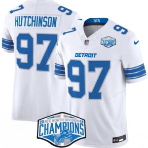 Men's Detroit Lions #97 Aidan Hutchinson White 2024 NFC North Champions  Jersey