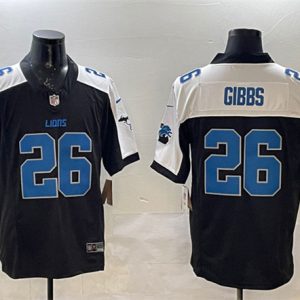 Men's Detroit Lions #26 Jahmyr Gibbs Black White F.U.S.E. 2024 Michigan Patch Vapor Limited Football Stitched Jersey