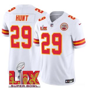 Men's Kansas City Chiefs #29 Kareem Hunt White 2025 Super Bowl LIX Patch F.U.S.E. Jersey