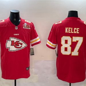 Men's Kansas City Chiefs #87 Travis Kelce Red 2025 Super Bowl LIX Patch Team Big Logo Jersey