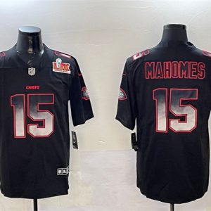 Men's Kansas City Chiefs #15 Patrick Mahomes Black 2025 Super Bowl LIX Patch Smoke Fashion Jersey