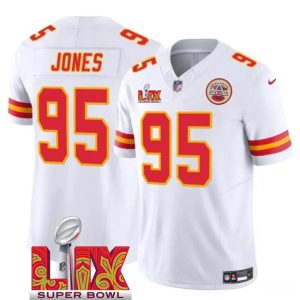 Men's Kansas City Chiefs #95 Chris Jones White 2025 Super Bowl LIX Patch F.U.S.E. Jersey
