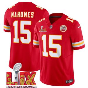 Men's Kansas City Chiefs #15 Patrick Mahomes Red 2025 Super Bowl LIX Patch F.U.S.E. Jersey