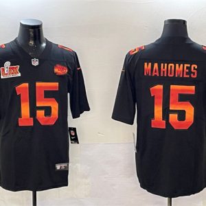 Men's Kansas City Chiefs #15 Patrick Mahomes Black 2025 Super Bowl LIX Patch Fashion Jersey