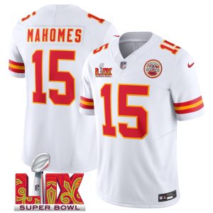 Men's Kansas City Chiefs #15 Patrick Mahomes White 2025 Super Bowl LIX Patch F.U.S.E. Jersey