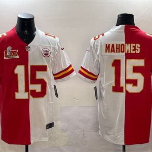 Men's Kansas City Chiefs #15 Patrick Mahomes Red & White Split 2025 Super Bowl LIX Patch Jersey