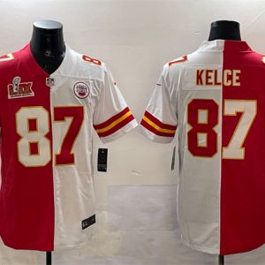 Men's Kansas City Chiefs #87 Travis Kelce Red & White Split 2025 Super Bowl LIX Patch Jersey