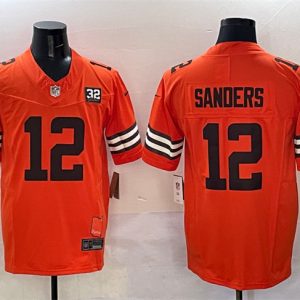Men's Cleveland Browns #12 Shedeur Sanders Orange 2025 Draft F.U.S.E. With Jim Brown Memorial & Home Patch Jersey