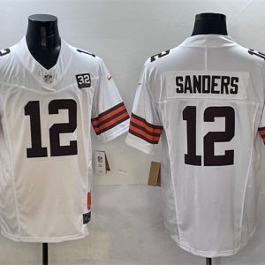 Men's Cleveland Browns #12 Shedeur Sanders White 2025 Draft F.U.S.E. With Jim Brown Memorial & Home Patch Jersey