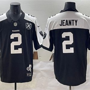 Men's Las Vegas Raiders #2 Ashton Jeanty Black White 2025 Draft F.U.S.E. With Nevada Silver Stat Patch And 65th Anniversary Patch Football Stitched Jersey