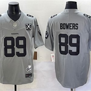 Men's Las Vegas Raiders #89 Brock Bowers Gray 2024 F.U.S.E With Nevada Silver Stat Patch And 65th Anniversary Patch Stitched Football Jersey