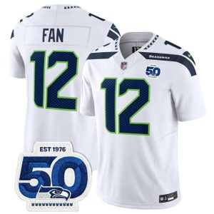 Men's Seattle Seahawks #12 Fan White 2025 F.U.S.E. 50th Anniversary Patch Jersey
