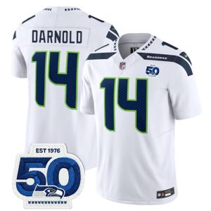 Men's Seattle Seahawks #14 Sam Darnold White 2025 F.U.S.E. 50th Anniversary Patch Jersey