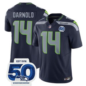 Men's Seattle Seahawks #14 Sam Darnold Navy 2025 F.U.S.E. 50th Anniversary Patch Jersey