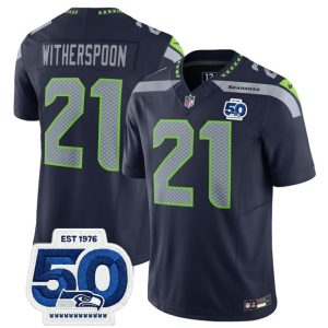 Men's Seattle Seahawks #21 Devon Witherspoon Navy 2025 F.U.S.E. 50th Anniversary Patch Jersey