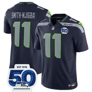 Men's Seattle Seahawks #11 Jaxon Smith-Njigba Navy 2025 F.U.S.E. 50th Anniversary Patch Jersey