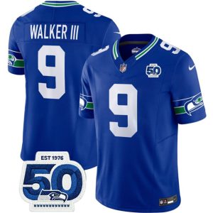 Men's Seattle Seahawks #9 Kenneth Walker III Royal 2025 F.U.S.E 50th Anniversary Patch Throwback Jersey