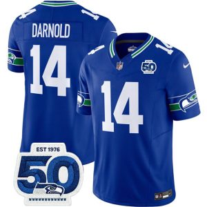 Men's Seattle Seahawks #14 Sam Darnold Royal 2025 F.U.S.E 50th Anniversary Patch Throwback Jersey