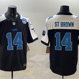 Men's Detroit Lions #14 Amon-Ra St. Brown Black Alternate F.U.S.E. 2024 Michigan & 90th Anniversary Patch Game Jersey