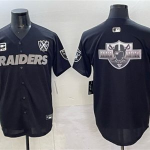 Men's Las Vegas Raiders Team Big Logo Black With Nevada Silver Stat Patch And 65th Anniversary Patch 3-Star C Patch Stitched Baseball Jersey
